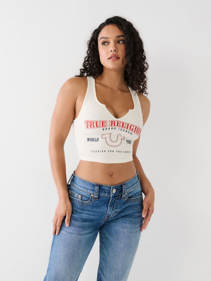 Winter White True Religion Notch Crop Logo Tanks | 3491-VQCME