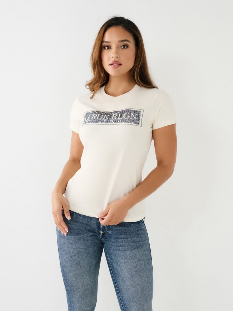 Winter White True Religion Sequin Logo T Shirts | 3746-SIHYB