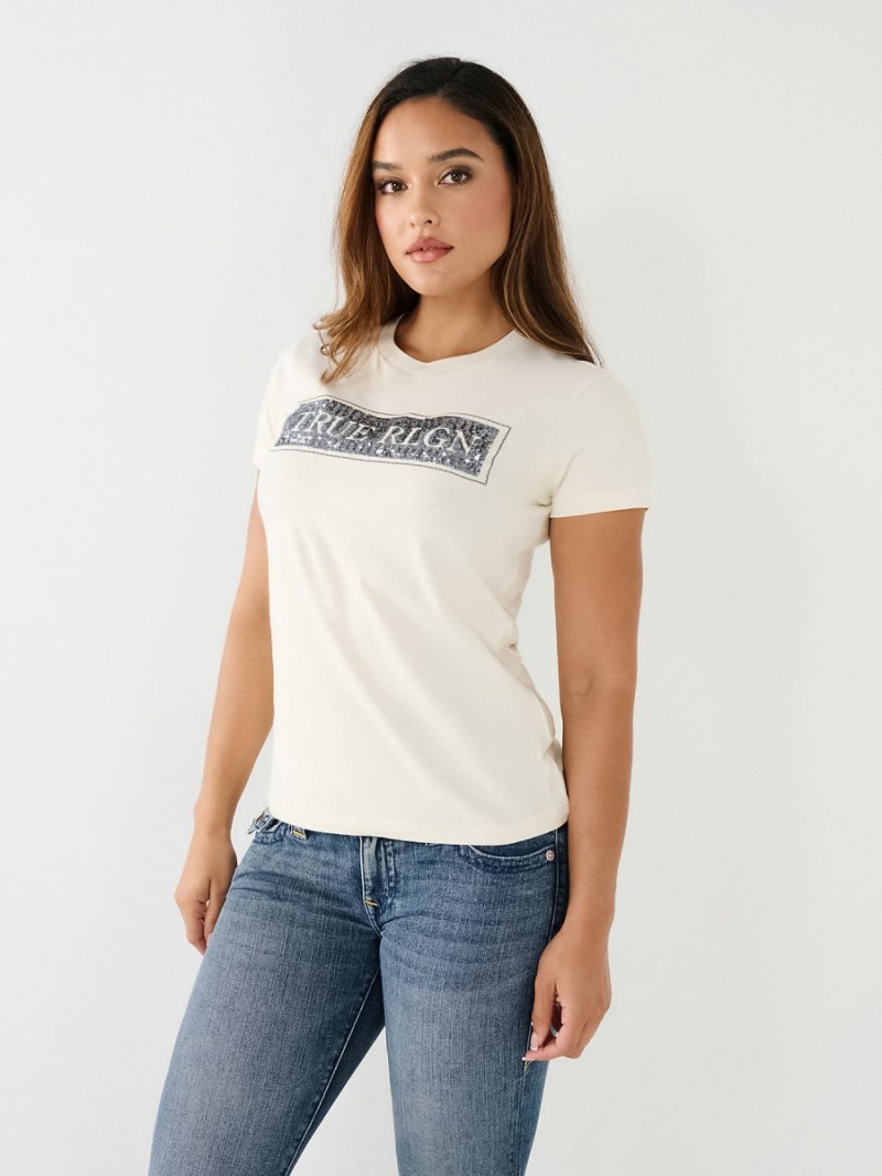 Winter White True Religion Sequin Logo T Shirts | 3746-SIHYB