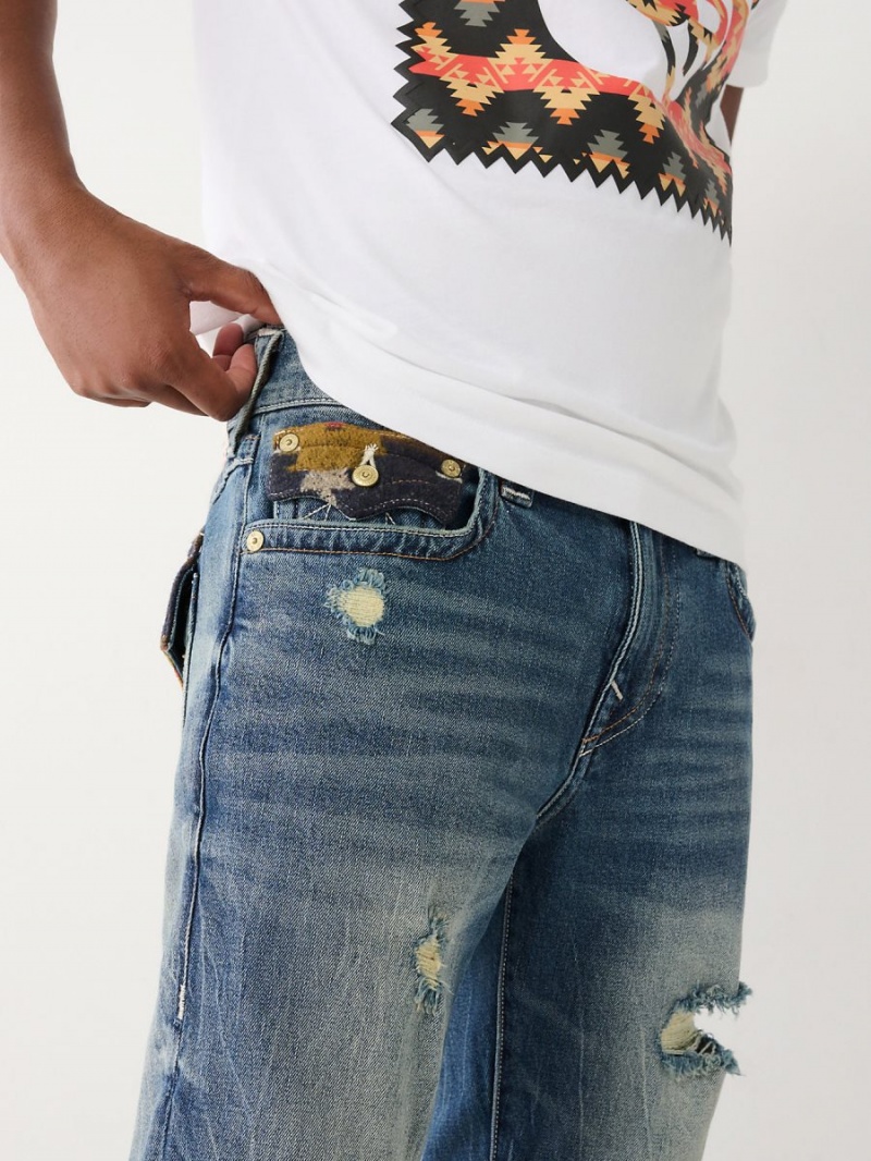 Worn Trophy Medium Wash True Religion Ricky Southwestern Flap Straight Jeans | 4315-PZNYL